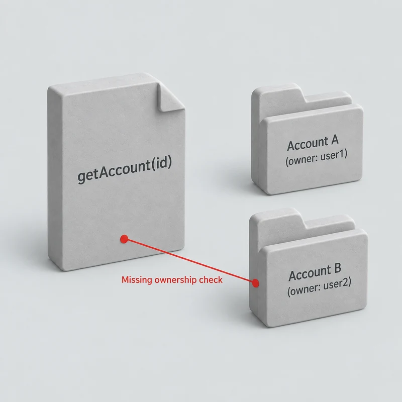 A getAccount(id) handler beside two account folders with a missing ownership check